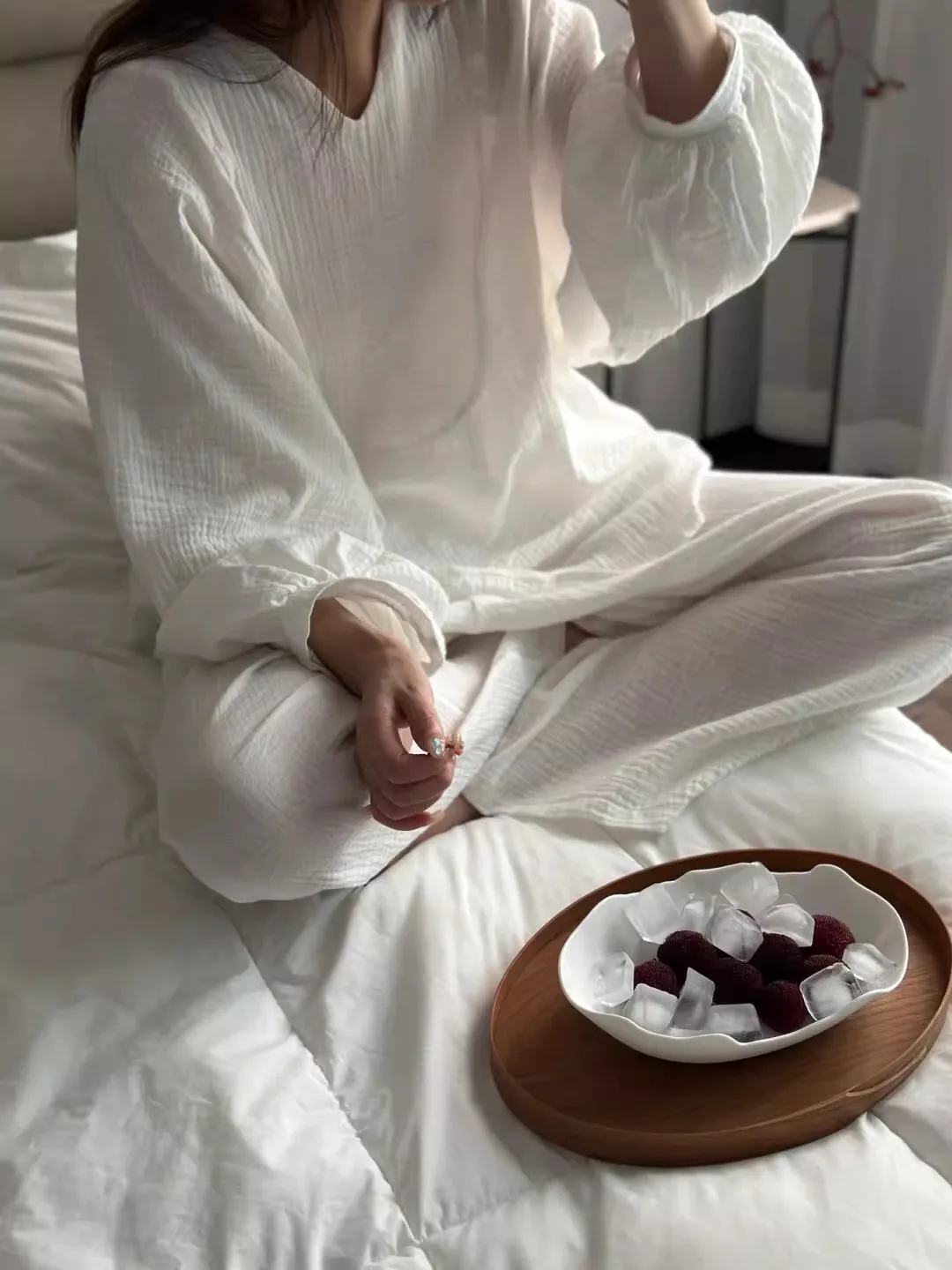 한국 슬레 순면 긴팔 스포츠웨어 여성용 봄 가을 편안한 피부 친화적인 홈웨어 화이트 코튼 얀...