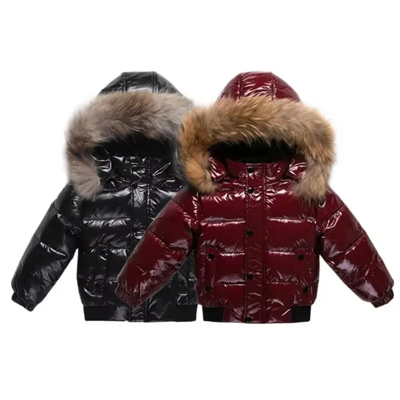KIDCRKJ Winter Waterproof Boys Parka Babys Girl Down Jackets 1-8 Years Kids Shiny Real Fur Thick Warm Boys Outerwear Coat Outfit