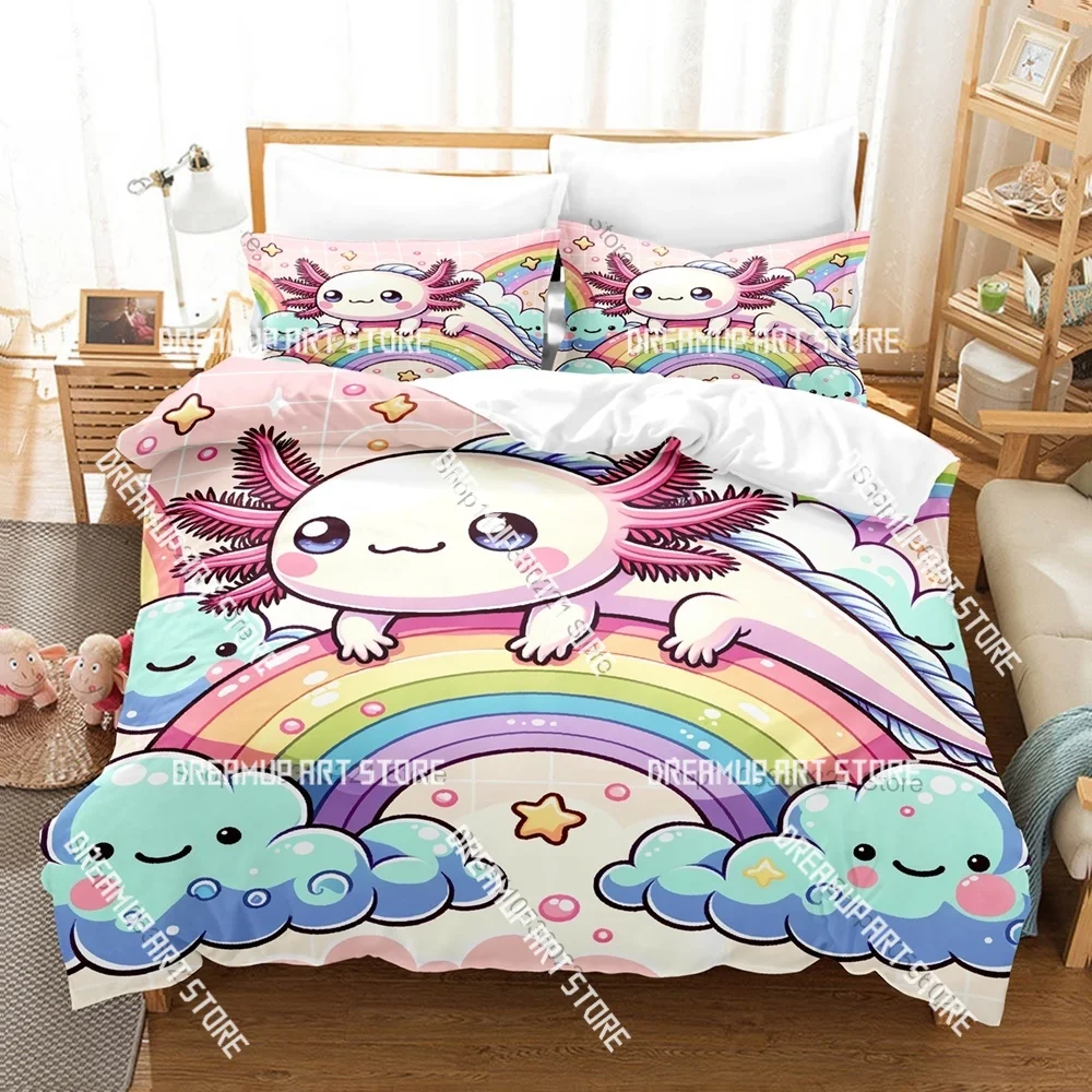 Conjunto de Cama de Desenho Animado Axolote Adorável e Moderno, Tamanhos Solteiro, Casal, Queen e King, para Quarto Infantil, com Capa de Edredom e Jogo de Lençóis