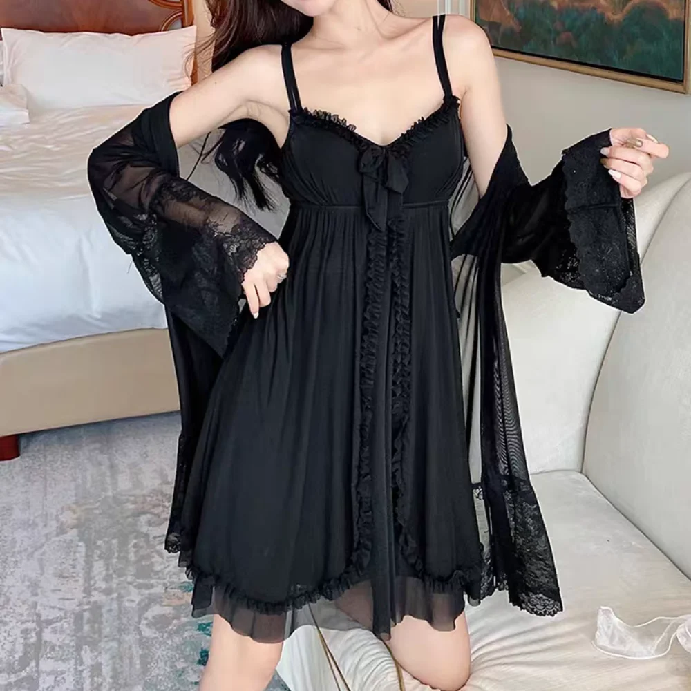 Lace Bowknot Women Pajama Dress Nightgown Ruffle Sleeveless Sleeping Dress Robe Set Sleepwear Homewear Sling Nightgown with Pads