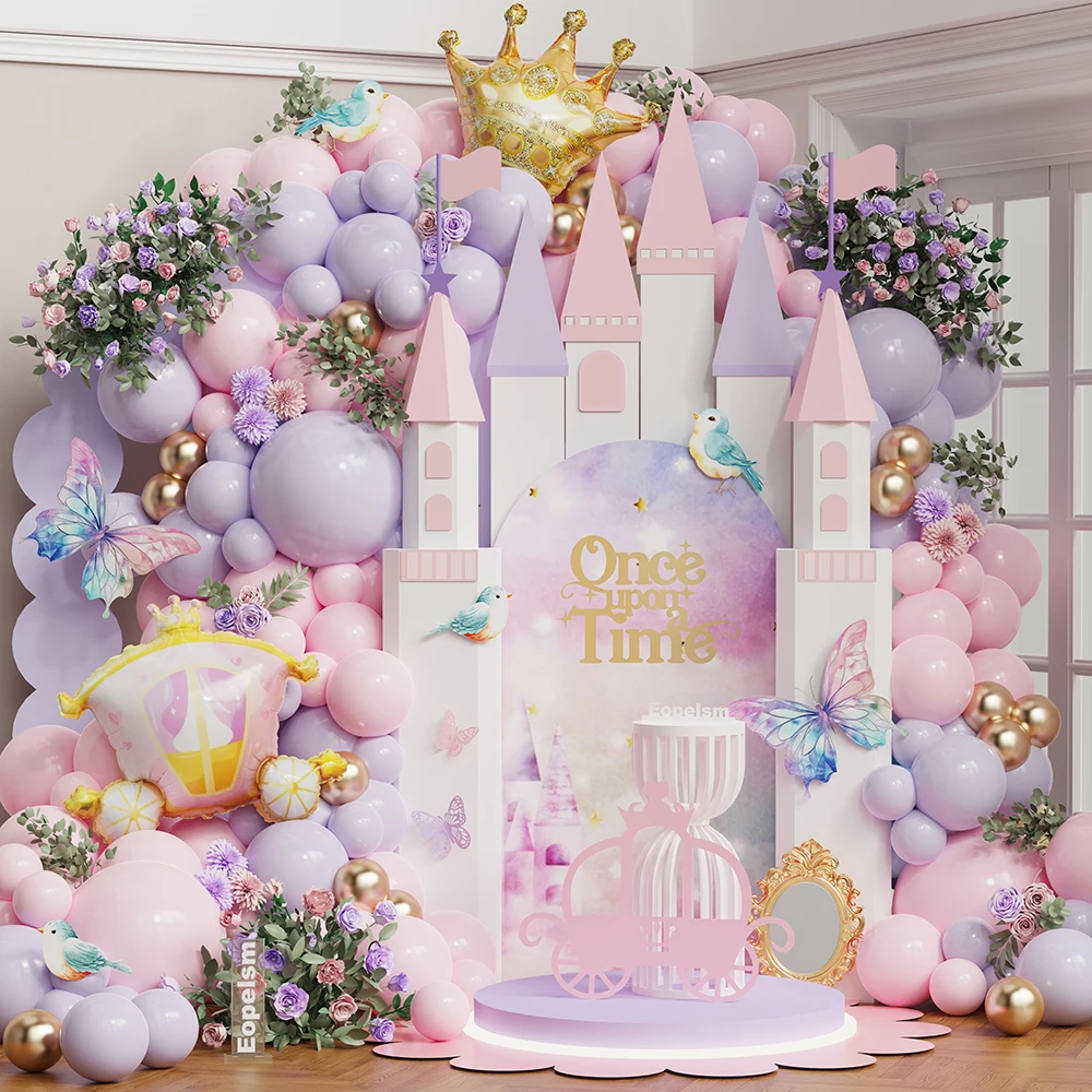 91/102Pcs Rosa Prinzessin Schloss Ballon Girlande Set Vintage Auto Krone Folie Ballon Mädchen Geburtstag Baby Dusche Hochzeit party Decor