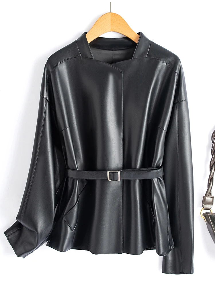 여성용 가죽 자켓 루즈한 허리 디자인 한국 스타일 봄 가을 신상품 정품 양가죽 코트 긴 소매 지퍼