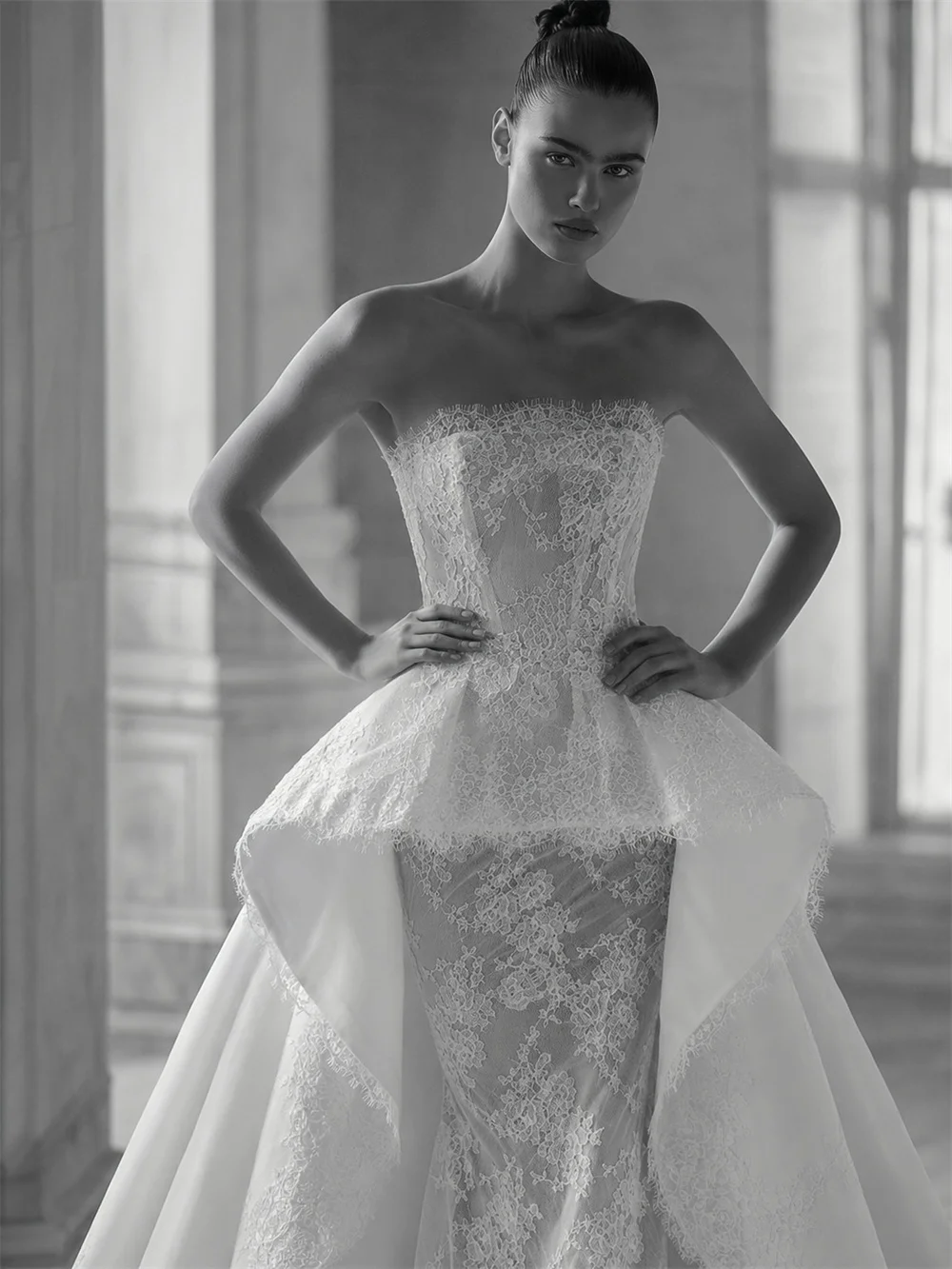 Tokyo Custom Strapless Lace Wedding Dress Ruffled Overlay Mermaid Bridal Gown Sweep Train Formal Evening Wedding Attire
