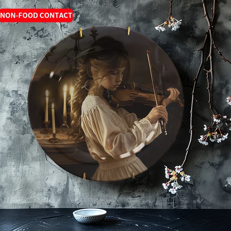 1pc Elegant Ceramic Decorative Plate - Classic Violinist Art Design, Non-Food Contact Wall Decor for Home, Living Room, Study -