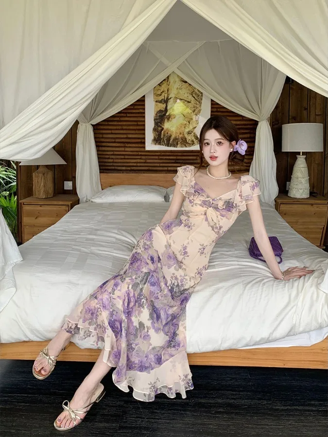 Grande taille été nouveau vent doux flocon de neige imprimé Dr femmes pause thé Dr dissimuler viande minceur a-ligne longue Dr