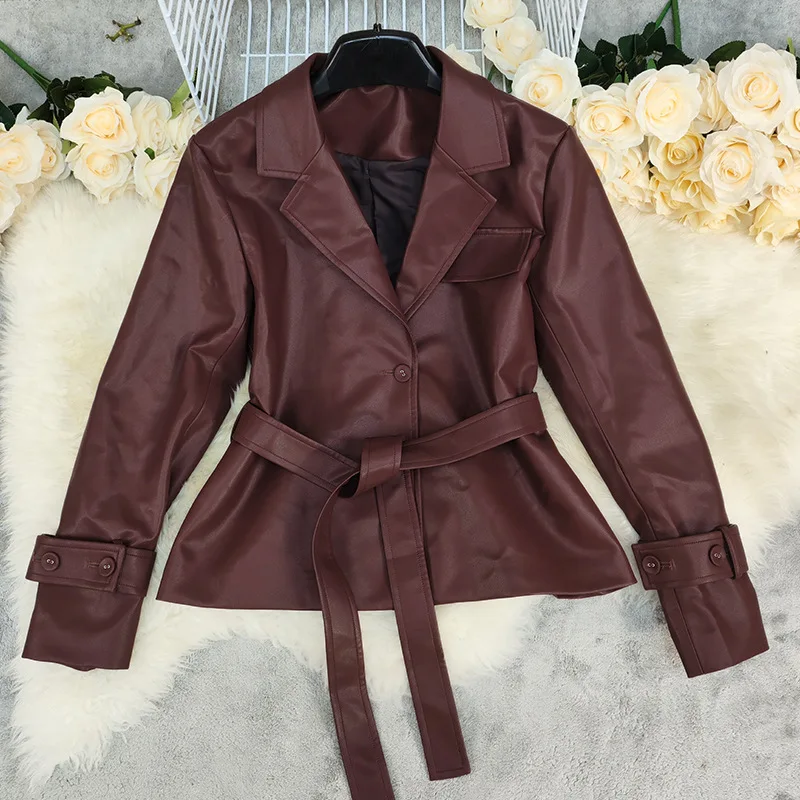 Retro PU Leather Lapel Short Jacket Women Autumn 2025 Shoulder Waist-cinching Brown Jackets with Belt Female Street Outwear