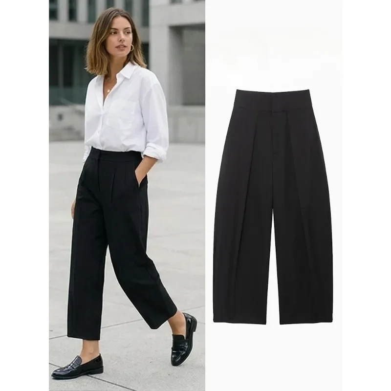 

FANAN Women Fashion Solid Front Zipper Pleated Wide Leg Pants Vintage High Waist Full Length Female Chic Lady Trousers