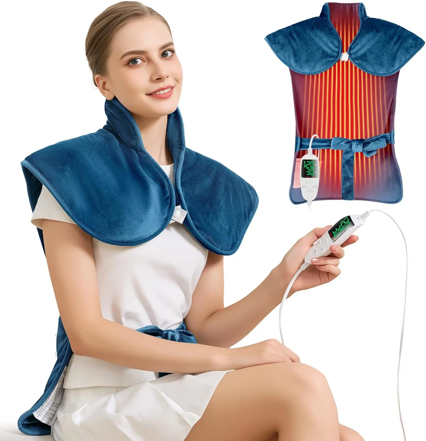 

Large Heating Pad for Back & Neck - Adjustable Straps, 5 Heat Levels, Washable with Auto Shut-Off