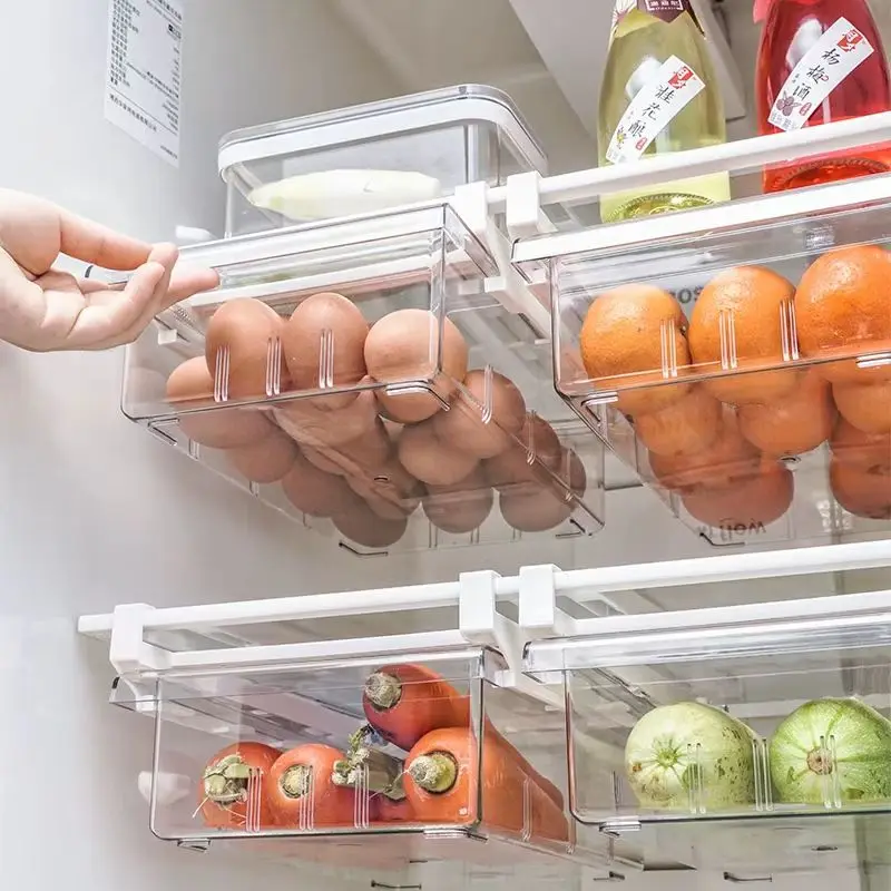 Kitchen Storage Box Refrigerator Eggs Fruit Vegetable Hanging Organizer 8 Grids Transparent Slide Rail Tray Drawer Container