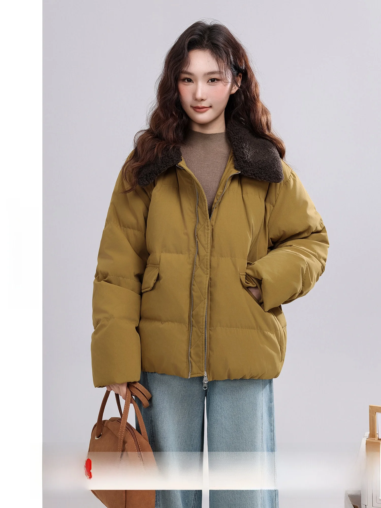 

Warm Snow Melting Autumn Thiened Retro Stand Collar Color Blo Women's down Jaet Winter New Sle Filling White Du Fea...