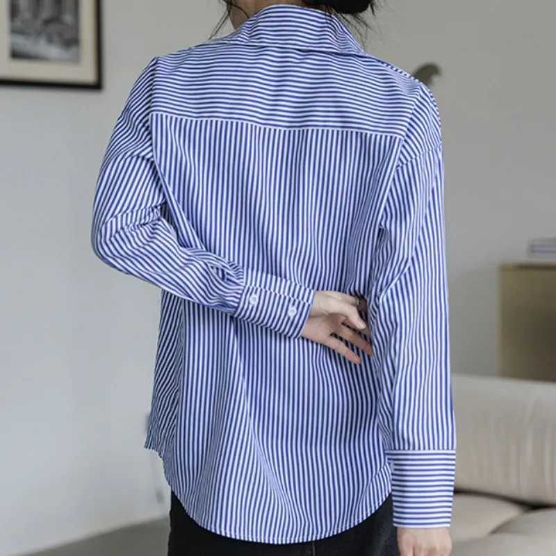 Shirts Women Blue Striped Long Sleeve Design Loose Chic Vintage Korean Basic Tops Female All-match Elegant Office Lady Leisure