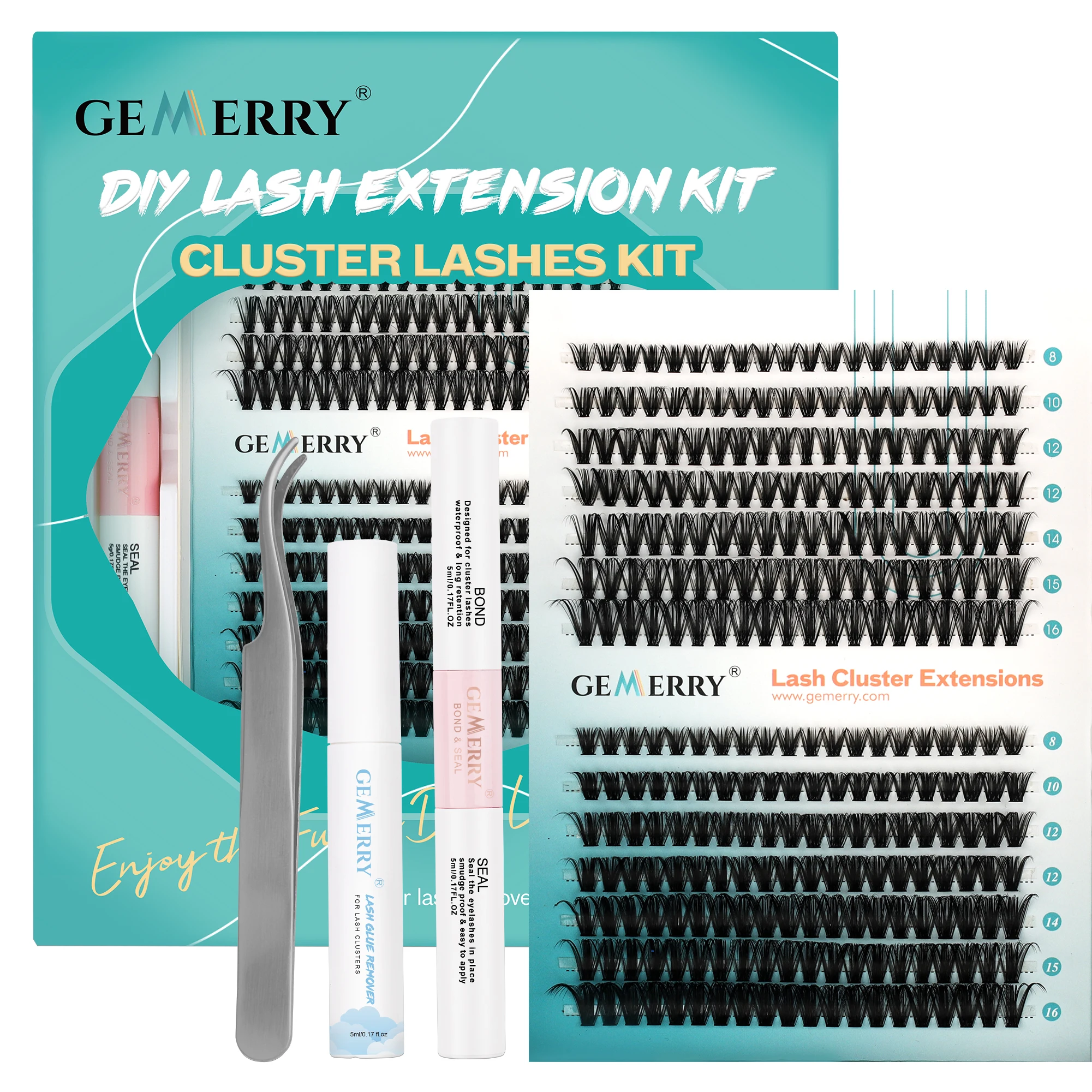 Gemerry 30P/40P/50P DIY Eyelash Extension Kit 280Pcs Cluster Lashes With 2in1 Lash Bond&Seal And Lash Glue Remover Lash Tweezer