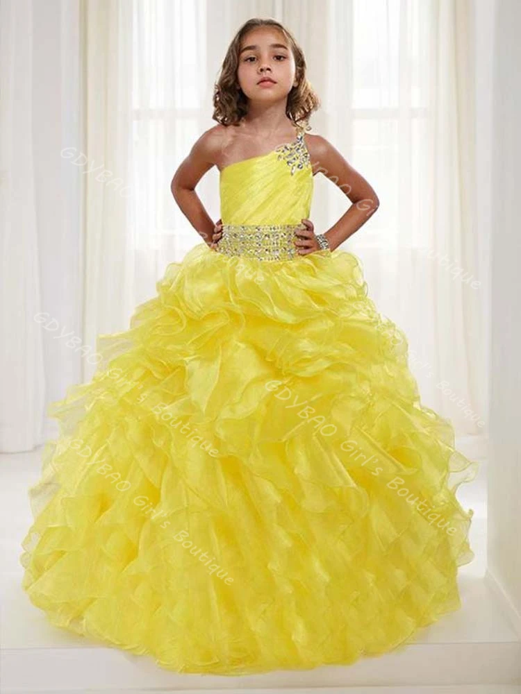 Vestido de desfile amarillo para niñas, vestido de princesa de Organza escalonado con un hombro de cristal, vestido de flores para boda, ropa personalizada para niños