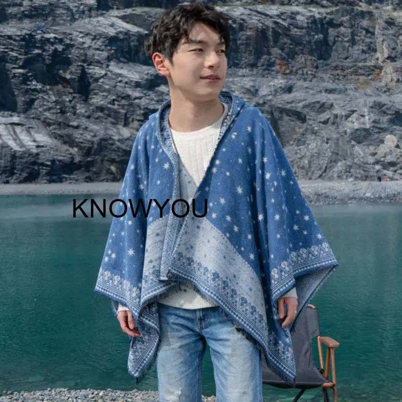 

Warm Acrylic Fiber Cozy Reversible Star Patterned Shawl for Men Big Size Cloaks Hooded Cloaks Autumn Winter Outwear Jacket