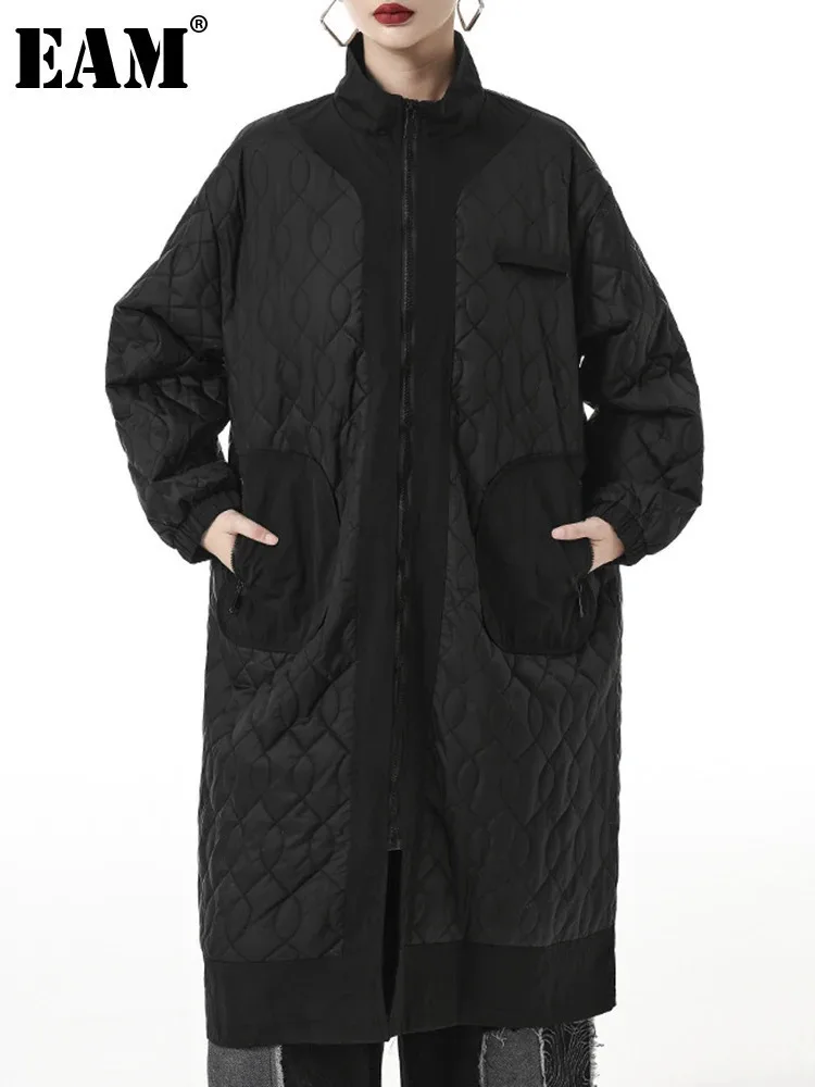 EAM-abrigo largo acolchado de algodón para mujer, Parkas cálidas de manga larga, color negro, talla grande, novedad de otoño e invierno, 1DH3215,