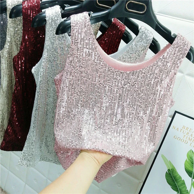 2025 Fashion Sequins Vest Women Summer Thin Undershirts Streetwear Sleeveless Waistcoat Lady Pink White Slim Sling Singlet Tank