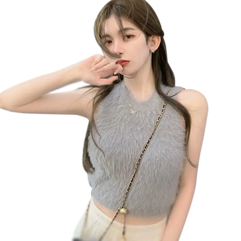 New Korean Sexy Slim Sleeveless Vest  Vintage Soft Mink Fleece Knit Pullovers Crop Sweater Vest Womne Female Tops