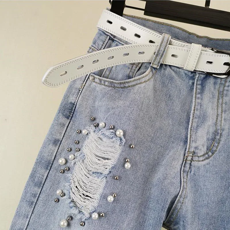Summer Women's Fashion  Ripped Jeans New Loose High Waist Jeans Beads Rhinestones Harem Pants Female Street Holes Denim Trousers