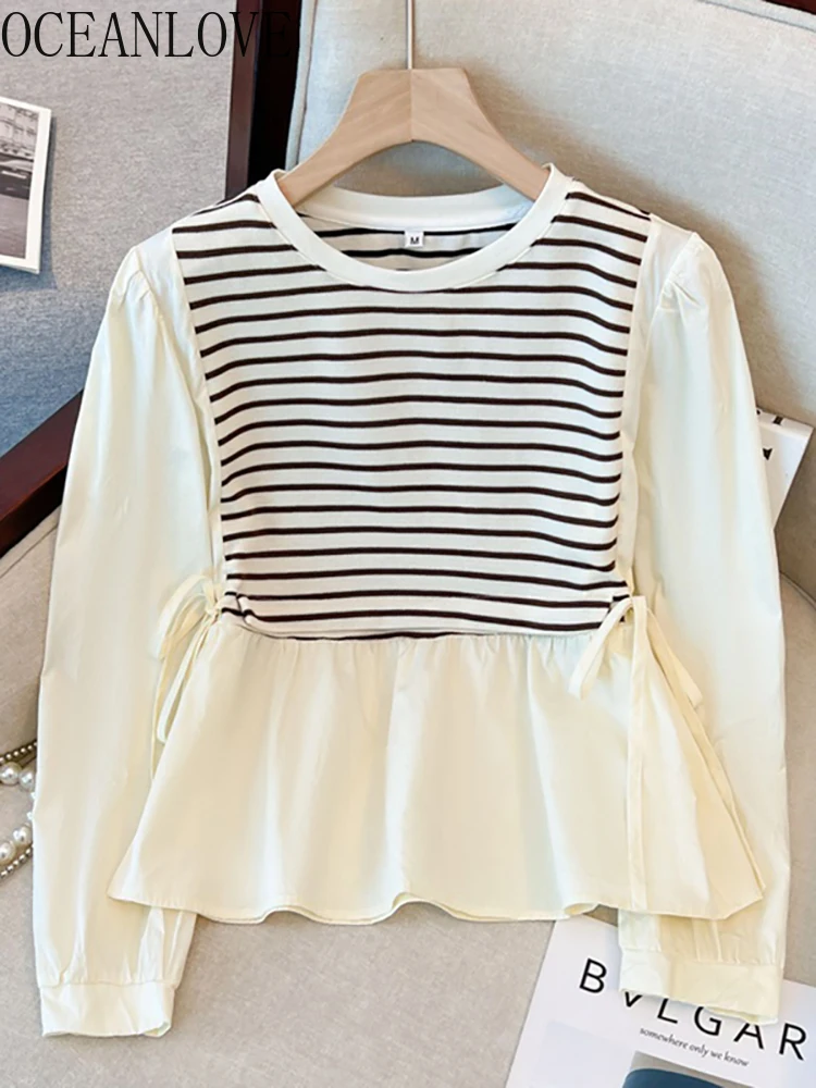 

OCEANLOVE Women Shirts&blouses Fake 2 Pieces Stripes Spring Autumn Vintage Blusas Mujer Korean Fashon Sweet Elegant Camisas