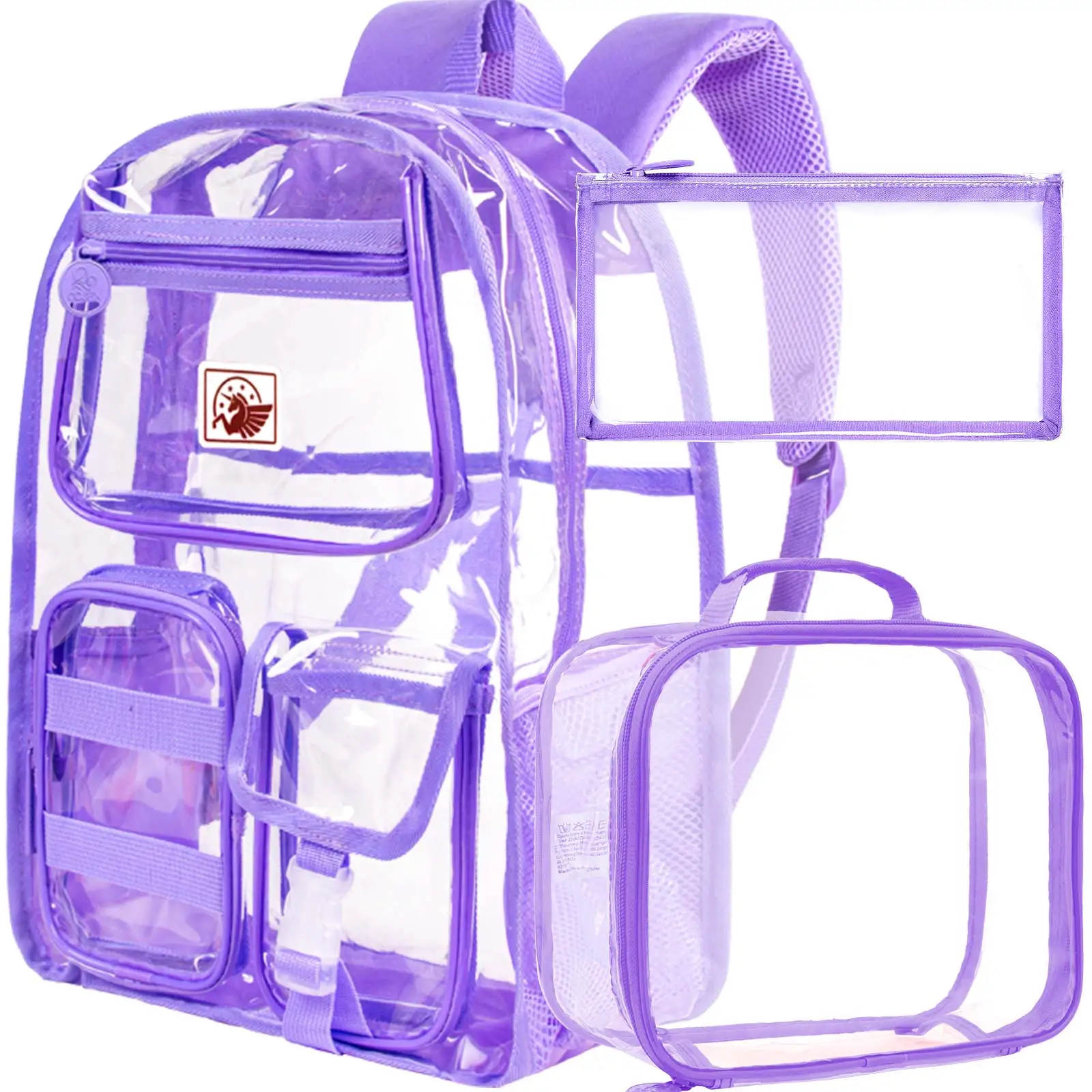 3pcs-kid's-backpack-girls-purple-trim-clear-pvc-zipper-closure-casual-set-with-handbag-pen-pouch-for-school-daily