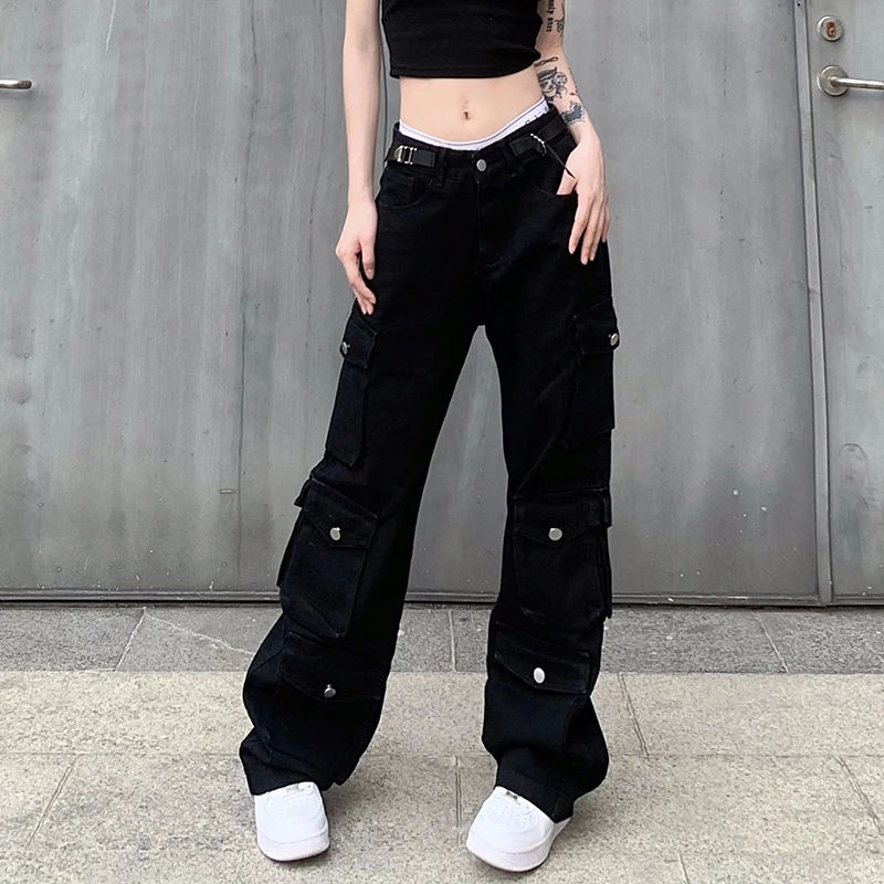 

Handsome Multi Pocket Metal Buckle Straight Leg Workwear Pants for Women with High Waisted Loose and Slimming Jeans and Pants