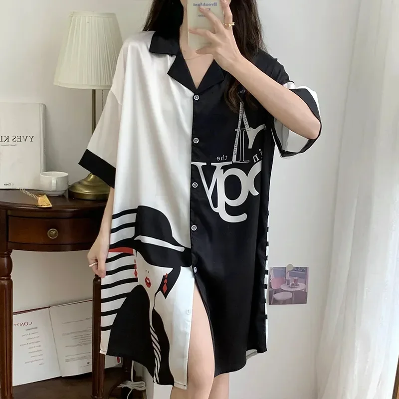 Summer New Short-Sleeved Ice Silk Dress Nightgown Women\'s Loose Plus Size 4XL Shirt Pajamas Fashion Sundress Home Clothes Tops