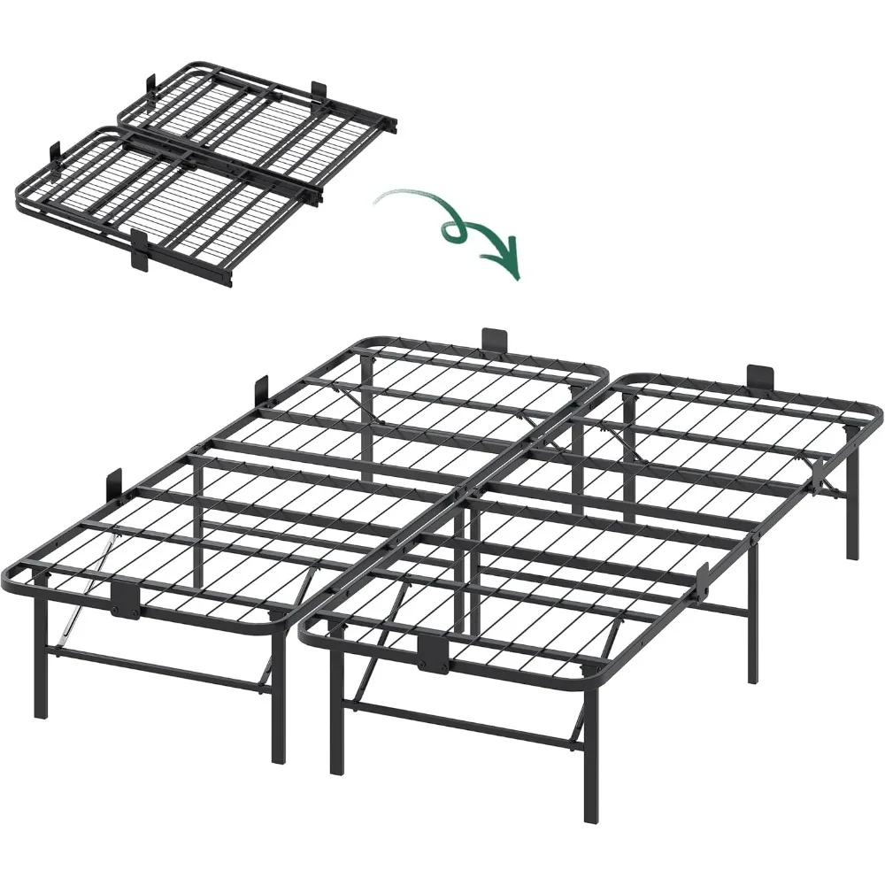 

Foldable queen bed frame, metal platform bed frame, queen bed with heavy-duty steel bars, no need for box springs