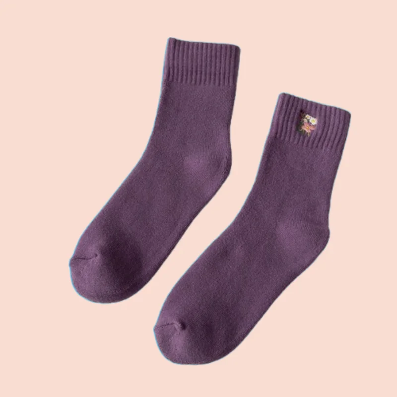 

1/3 Pairs Middle-tube Socks Purple Houndstooth Japanese Warm Cotton Towel Autumn and Winter Women's Terry New Thickened Socks