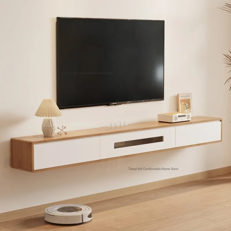 Nordic Creative Floating Solid Wood TV Cabinet Minimalist Design Ultra Thin Narrow Log Style TV Stand Living Room Furniture