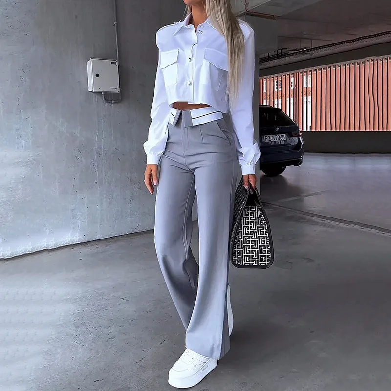 2024 Fall Spring Women Two Piece Office Simple Solid Lapel Long Sleeve White Shirt Top Gray Pants Set Blazer ElEgant Y2K