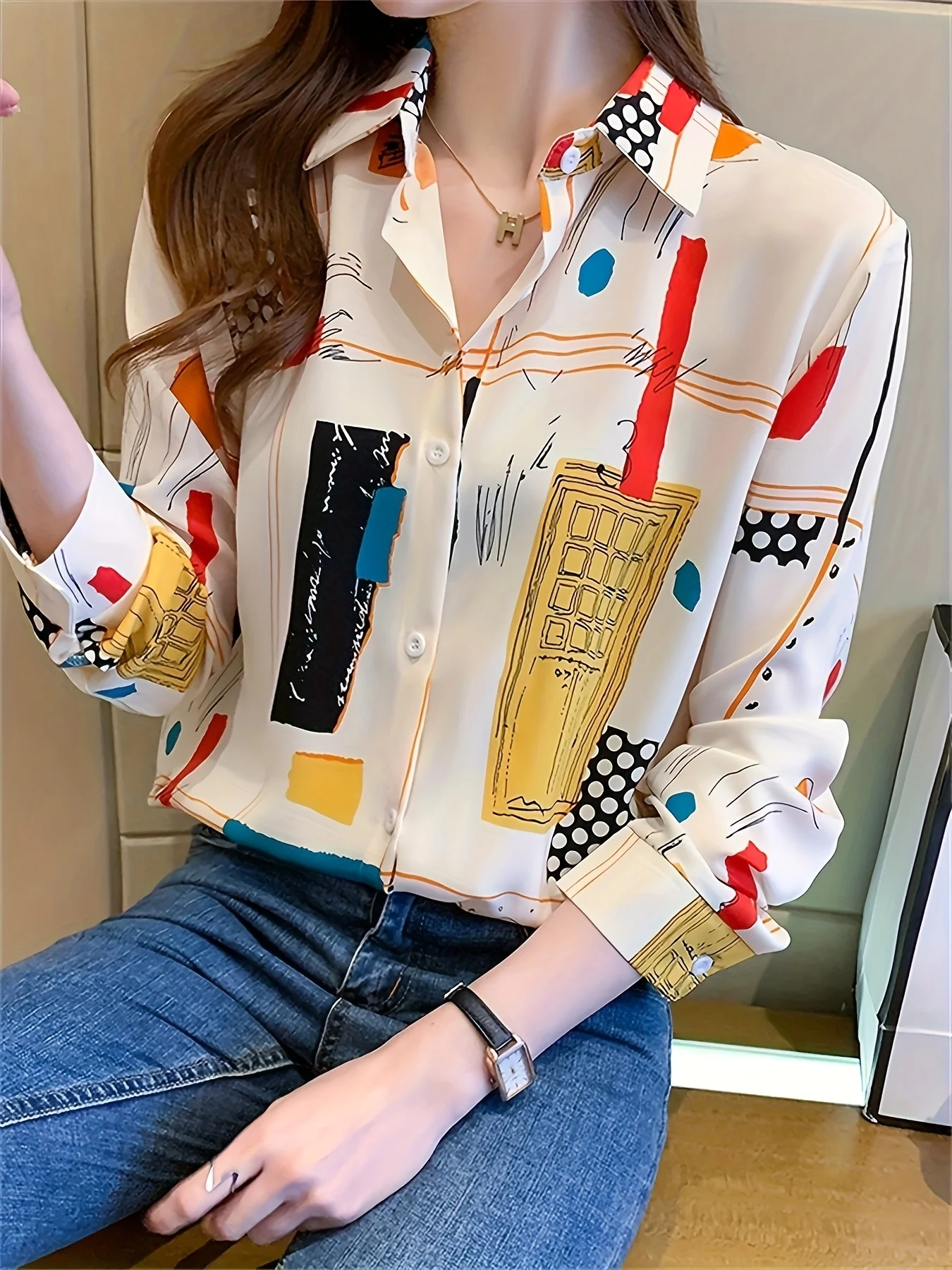 Camisa de manga larga con botones para mujer, polo con estampado de bloque de Color, ropa informal para primavera y otoño