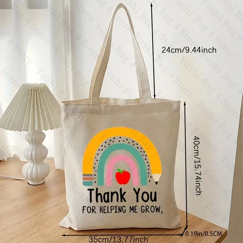 Thank You Helping Me Grow bolso de compras con patrón de arcoíris, bolsos de hombro de lona, bolso de mano de almacenamiento plegable reutilizable, regalo para profesores