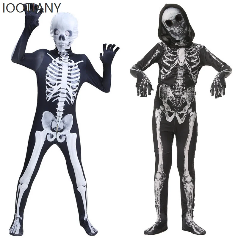 

2025 New Halloween holiday party cosplay costumes for adults and kids Grim Reaper Skull Skeleton Bodysuit Character Costume Set