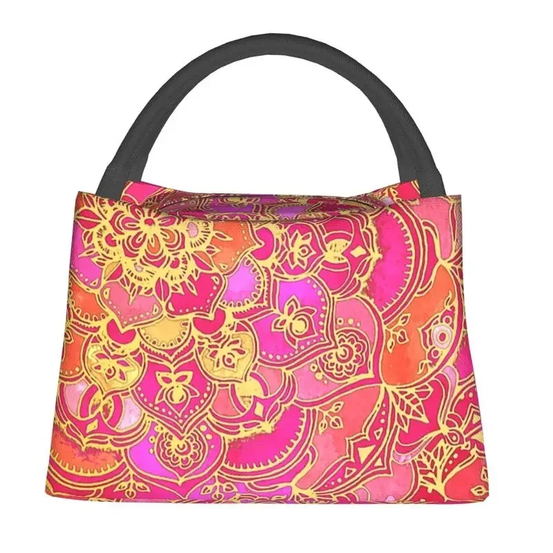 Hot Pink And Gold Baroque Floral Pattern Insulated Lunch Bags for Women Portable Cooler Thermal Food Lunch Box Hospital Office