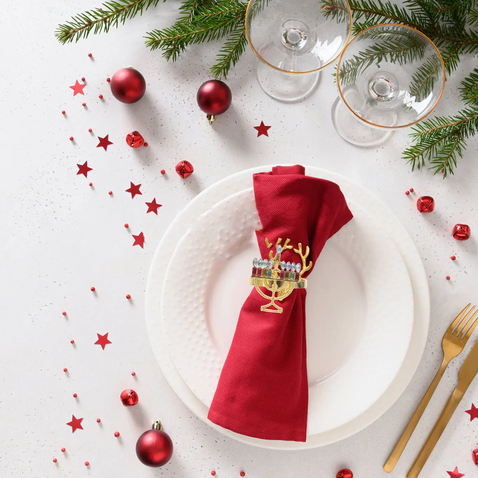 

6pcs Hanukkah Napkin Rings Rhinestone Menorah Design Jewish Holiday Table Decor Dining Set For Chanukah Party Table Accessories