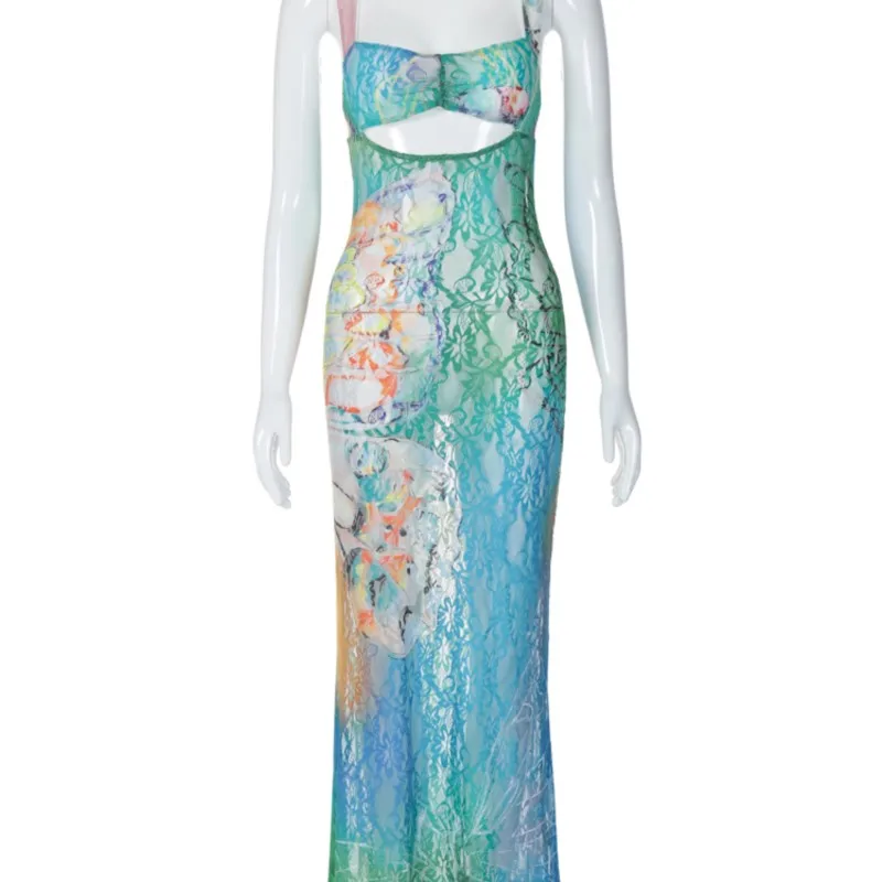 Neues, modisches, bunt bedrucktes Schmetterlingskleid y2K, durchsichtiges, hohles, ärmelloses, langes, rückenfreies, einteiliges Geburtstagsparty-Tanktop