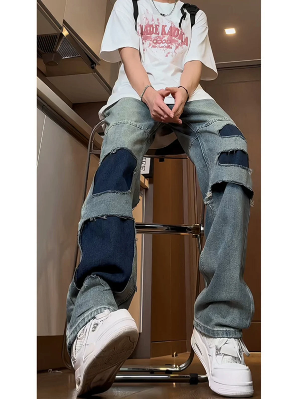 

Мужские джинсы прямого кроя в стиле High Street, с эффектом потертости и дырками, широкие брюки, износостойкие, для весны и осени