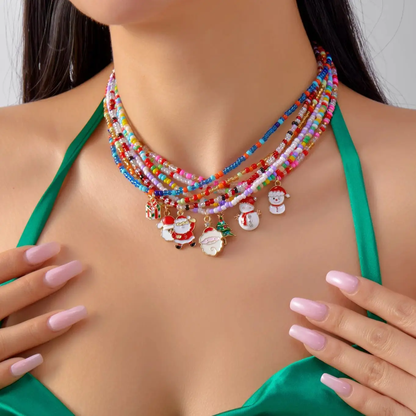 

Bohemian Handmade Colorful Beads Necklaces for Women Girl Christmas Santa Claus Tree Snowman Pendant Necklace Jewelry Gift