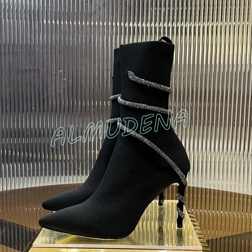 Snake-shaped Wrap Rhinestones Ankle Boots Thin High Heels Pointed Toe Mid-calf Elastic Boots Women Stilettos 2025 New Arrivals