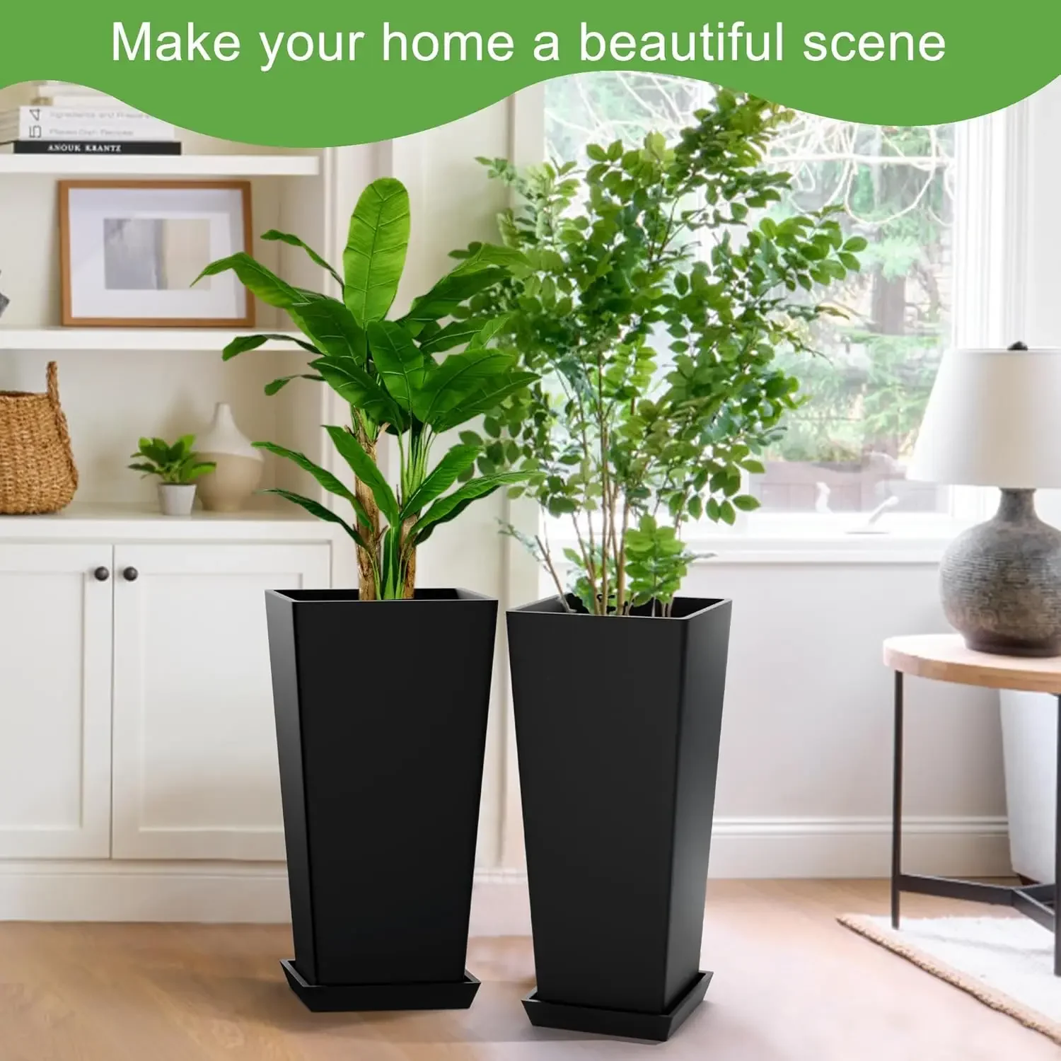 Set of 2 Tall Outdoor Planters 24 Inch, Large Planters for Indoor Outdoor Plants, Tapered Square Flower Pots ,Black