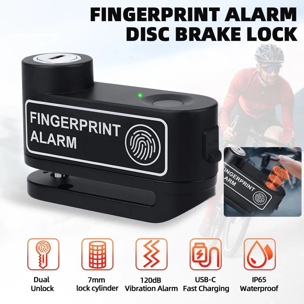 Motorcycle Alarm Fingerprint Unlock Disc Brake Lock with Keys Rechargeable Bicycle Anti theft Alarm System Motorbike Accessories