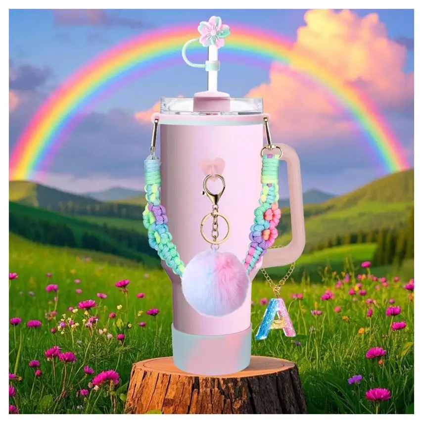 A-Z hand-made straw cap case Charm chain pendant lot Accessories Initial Keychain Handle for Stanley cup bottle Tumbler Women - view 3