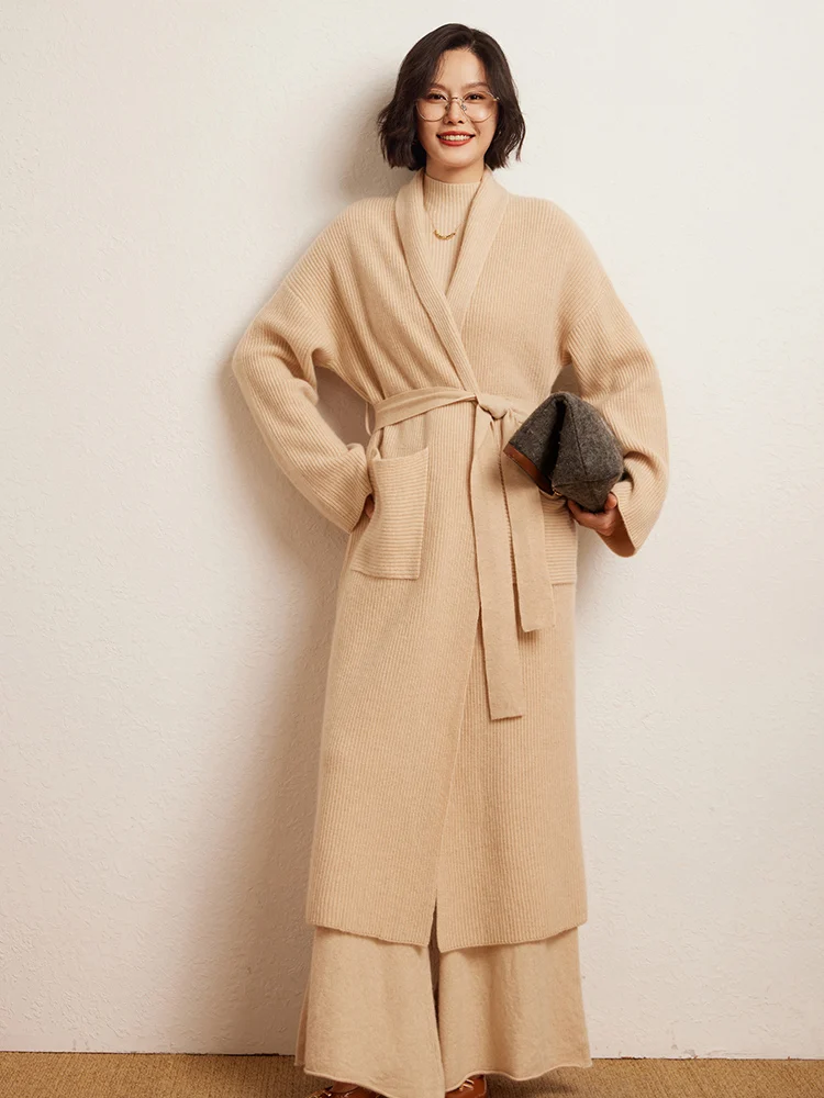 High-end Women's Sweater 100% Cashmere Cardigan Sweater Clothes Autumn Winter Sweater Large Lapel Robe Long Outerwears Warm Knit
