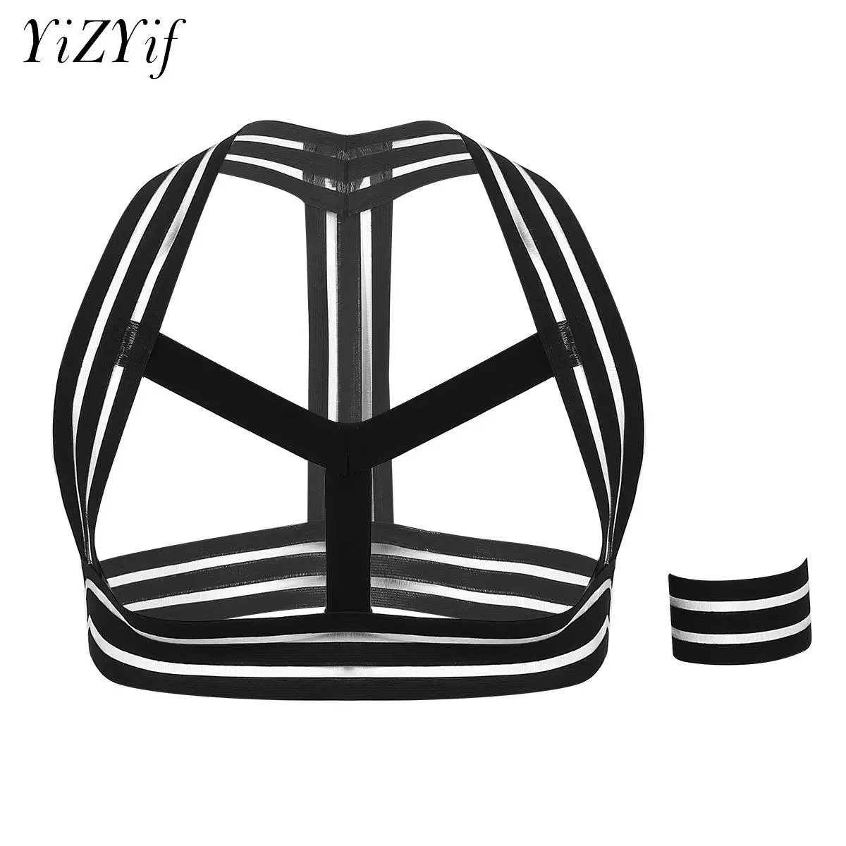 

Mens Elastic Striped Body Chest Harness Belt Shoulder Support Brace Muscle Straps with Armband Costumes Clubwear Harness Men