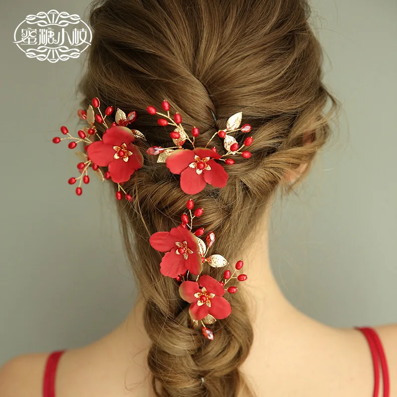 custom NEO Chinese Style Hairpins  Bride Hair Accessories chaplet or headband  with red flowers Headdress for Wedding