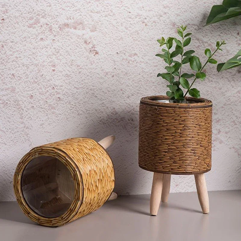 Cesta De Armazenamento Artesanal com Pernas De Madeira Removíveis, Imitação Do Vintage, Tecido De Rattan, Prateleira De Flores, Plantadores, Panela,