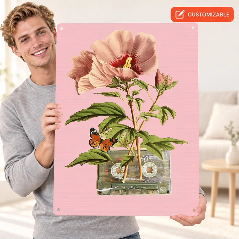 Cassette Tape With Hibiscus Flower Aluminum Poster Vintage Watercolor Wall Art For Entryway Customized Metal Sign Florist Gift