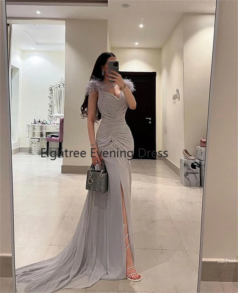 Eightree Elegant Mermaid Chiffion Evening Dress High Side Slit Feathers Long Party Formal Event Party Dress Vestidos De Noche