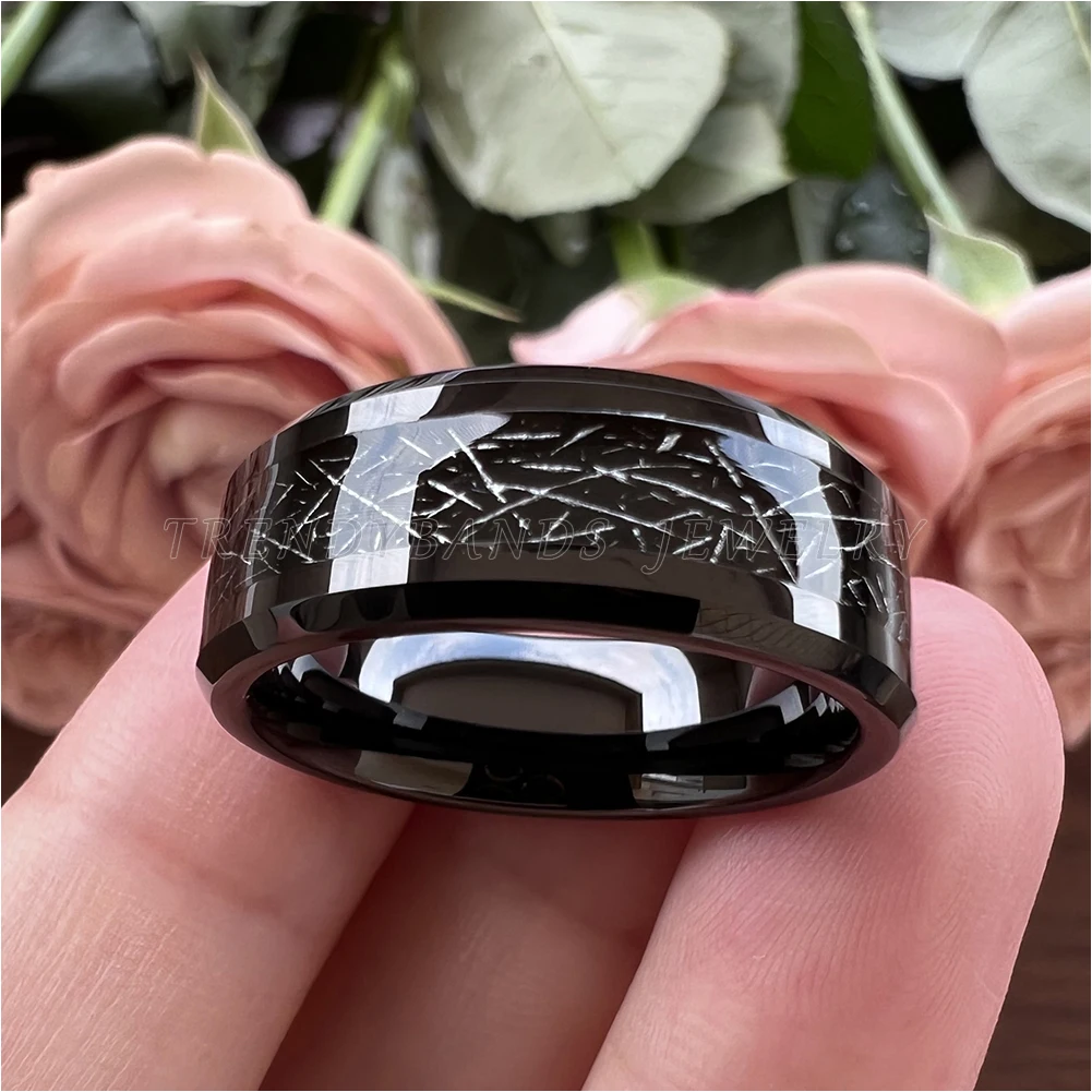 8mm 6mm Women Men Tungsten Wedding Rings Beveled Edges Black Meteorite Inlay Engagament Bands Polished Finished Comfort Fit