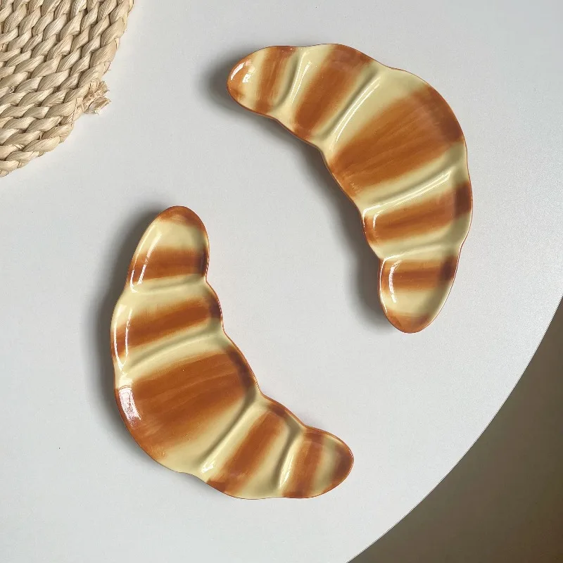 Creative Croissant Shaped Irregular Ceramic Plate,Simulation Bread Design Small Dish,Home Snack Dessert Storage Decorative Plate